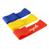 Three latex fitness resistance bands in blue, yellow, and red. One band features a logo.