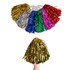 Cheerleading pom poms in various colours, including gold, silver, red, green, blue, and pink, with a hand holding a gold pom pom.