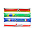 Four inflatable bang bang sticks in red, yellow, blue, and green featuring football designs and various country names.