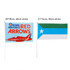 A rectangular cheering flag stick with two flags; one red and blue, the other blue and green. Each has a stick for holding.