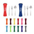 A set of stainless steel utensils including a spoon, fork, knife, and chopsticks, housed in various coloured cases.