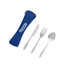 A blue carrying case contains a stainless steel knife, fork, and spoon. The set is sleek and compact for travel.