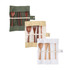 A set of four wooden utensils in green, beige, and white carrying cases with a button closure.