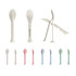 A set of portable utensils including spoons, forks, and knives in various pastel colours. The set is compact and features a logo.