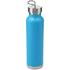 A drink bottle in bright blue with a stainless steel cap and base, featuring a handle for easy carrying.