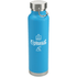 A drink bottle in vibrant blue with a stainless steel base and a logo. Features a vacuum insulated design.