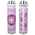 A drink bottle with a pink and white patterned design, featuring a stainless steel lid and base, and a logo.