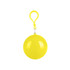 A yellow ball-shaped container with a clasp, designed for holding a rain poncho. It features a shiny surface.