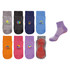 A variety of crew socks in grey, navy, orange, pink, purple, and a single purple sock with a gripper sole.