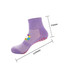Crew Kids Gripper Socks in lavender with a multicoloured logo and non-slip grip on the sole. Dimensions included.