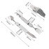 A stainless steel camping cutlery tool featuring a spoon, fork, knife, can opener, and corkscrew with a compact design.