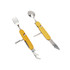 A multi-functional camping cutlery tool in yellow, featuring a fork, spoon, knife, corkscrew, and bottle opener.