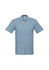 A light blue polo shirt with short sleeves and a collar, featuring buttons and a brand logo.