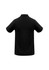 A black polo shirt with a classic collar and short sleeves, featuring a branding logo on the back.