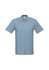 A light blue polo shirt with a collar and three buttons, featuring a logo on the chest area.