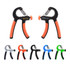 A pair of adjustable hand grips in black and orange, with additional grips in grey, blue, and green. Each has a logo.