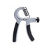A grey adjustable hand grip with a spring and black textured grips. It features a circular adjustment knob.