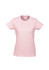 A pink short sleeve tee with a round neckline and a logo tag. Suitable for women's casual wear.