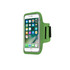 A green arm band designed to hold a smartphone, featuring a transparent touchscreen cover and adjustable strap.