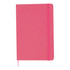 A pink A5 notebook with a matching elastic band closure and a ribbon bookmark.