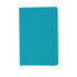 A teal A5 notebook with a smooth cover and an elastic band closure, featuring a logo.