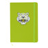 A green A5 notebook featuring a tiger logo and an elastic closure. It has a smooth finish and a bright design.
