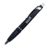 A black metal pen with a textured grip and a silver clip, featuring a logo.