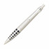A metal pen in silver with a black patterned grip. Features a clip for easy attachment.