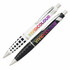 A set of metal pens in white and black, featuring a logo, with colourful designs on their barrel.