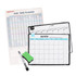 A magnetic erasable calendar planner featuring a black and white design, with a green eraser and a black marker.