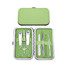 A stylish green manicure set in a metal case, containing scissors, clippers, and various nail tools.
