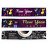 Three table runners featuring vibrant colours with music notes and themes of a New Year party, along with coffee illustrations.