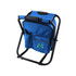 A blue foldable insulated bag with a chair frame, featuring a side pocket and a logo.
