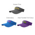 A collection of sport visors in grey, blue, and purple, featuring various styles of branding.