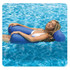 A blue inflatable floating chair in a pool, featuring a person relaxing with their eyes closed.