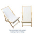 A wooden beach chair with a white fabric seat, featuring a simple, folding design. Includes a branding logo.