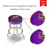 A barstool with a round purple seat featuring a logo, available in black and red with piping trim options.