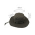 A dark green outdoor brim hat with a drawstring, featuring measurement annotations and a logo.