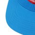 A blue sport cap featuring a red flap and a logo, highlighting stitched detailing on the brim.