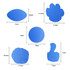 A collection of five blue foam mitt shapes in various designs, each with specified dimensions.