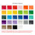 A grid displaying 28 stock colours for products, including shades like red, orange, green, and blue, along with their colour codes.