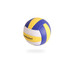 A blue and yellow volleyball with white panels and a logo, designed for leisure and outdoor activities.