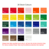 A grid displaying 28 stock colours for products, including shades like red, orange, green, and blue, along with their colour codes.