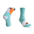 Crew thermal socks in teal with a fun pattern featuring snowflakes and a character design. Includes a logo.
