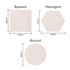 A set of cream coasters in square, hexagon, and round shapes, each with specified dimensions. Each has a logo.