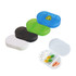 A pill box featuring three compartments in green, black, white, and clear, with a logo on the lid.