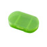 A green, oval pill box with three separate compartments and a secure lid. It has a simple, transparent design.