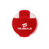 A round pill box in red and white with a branded logo on the front.