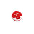 A round pill box in red and white, featuring a logo on the top.