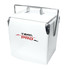 A white metal cooler box with a silver handle and a logo on the front.